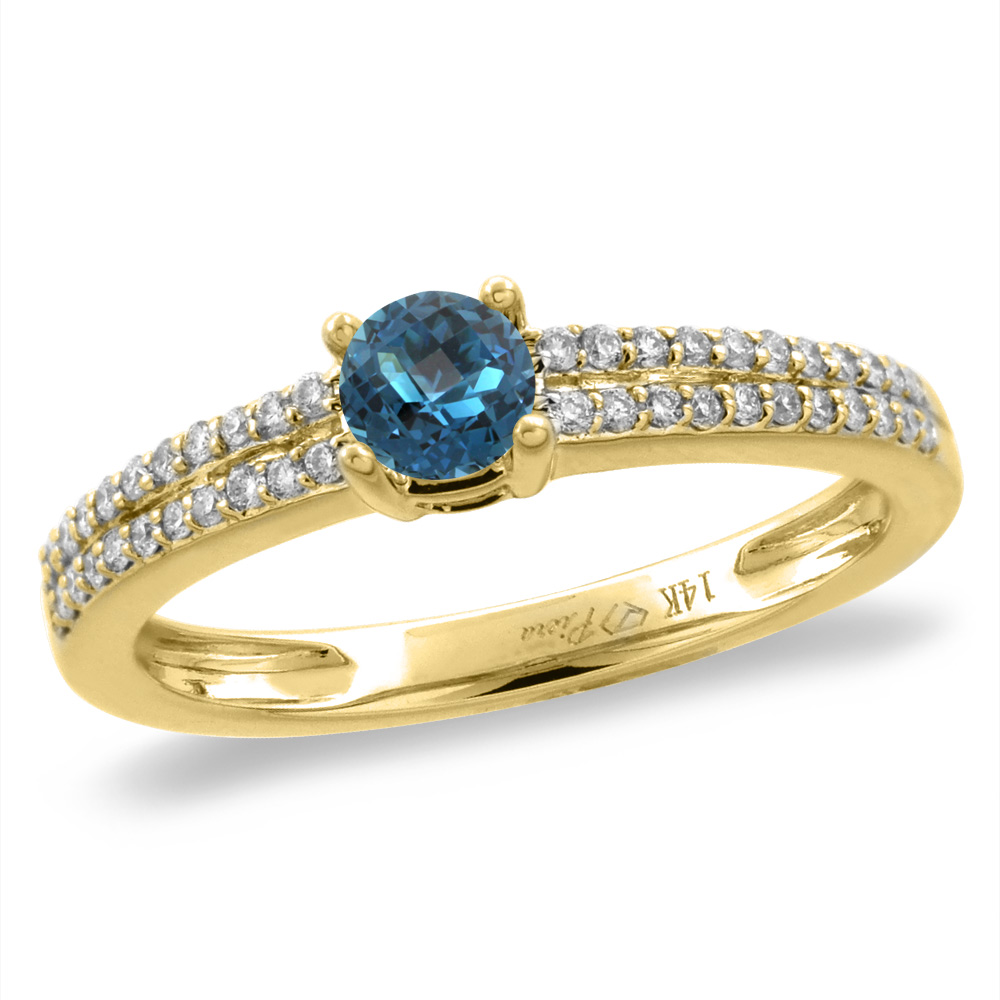14K White/Yellow Gold Diamond Natural London Blue Topaz Engagement Ring Round 5mm, size 5-10