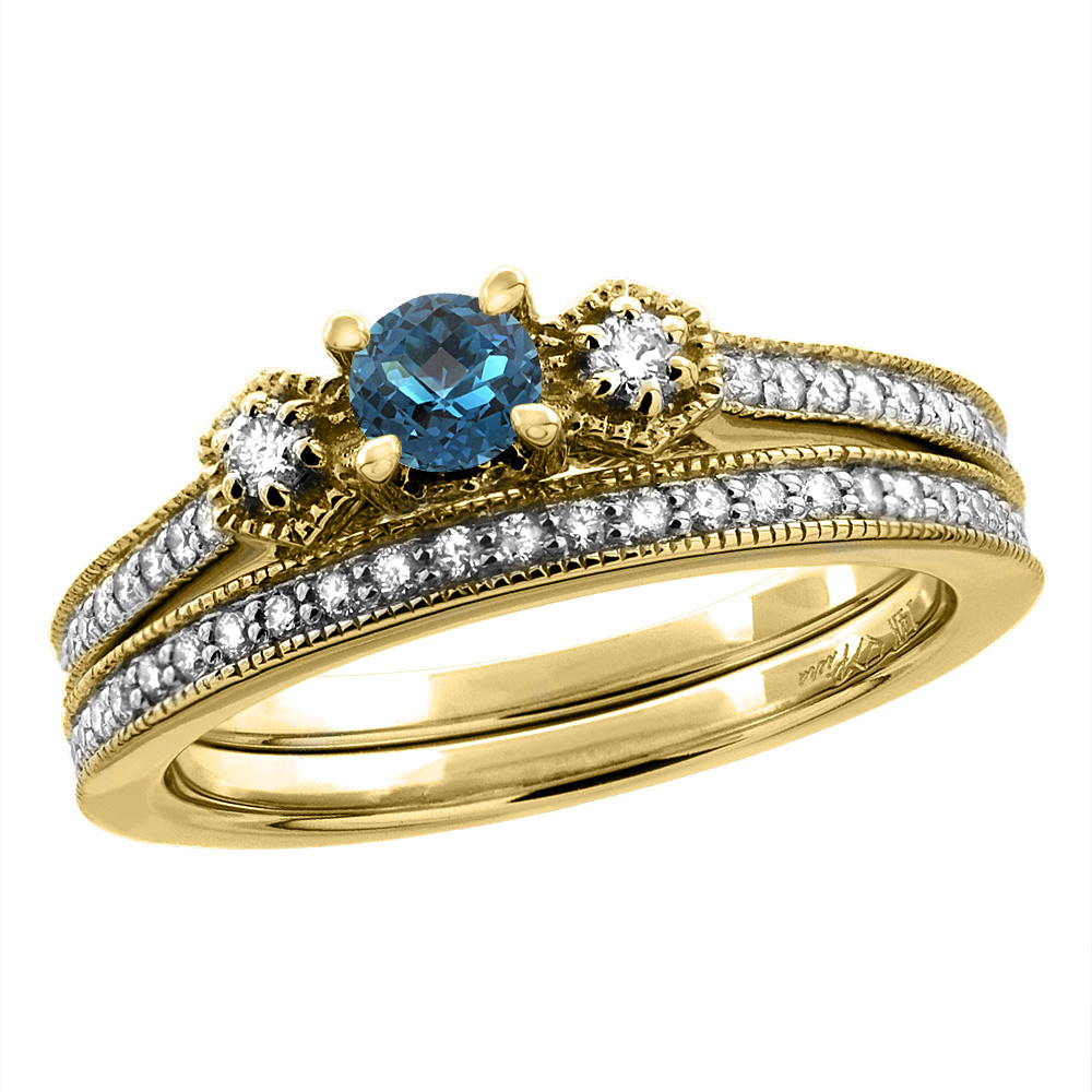 14K Yellow Gold Diamond Natural London BlueTopaz 2pc Engagement Ring Set Round 4 mm, sizes 5 - 10