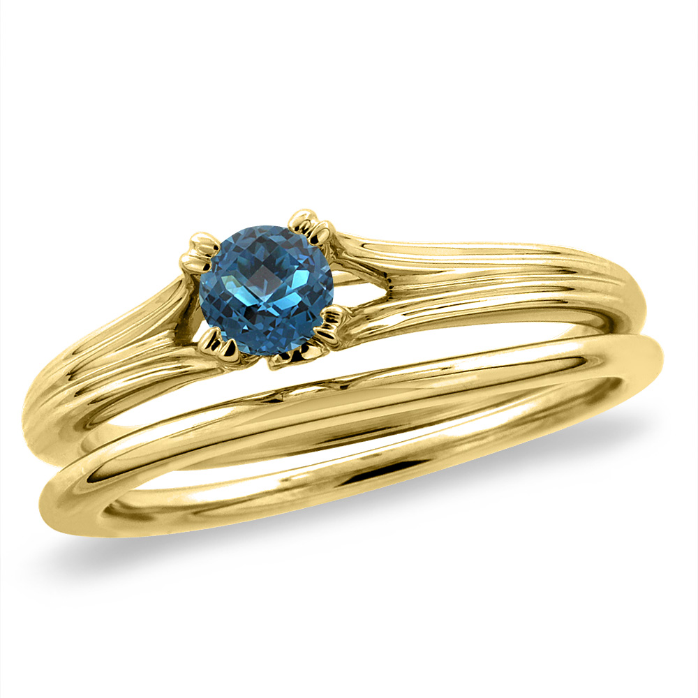 14K Yellow Gold Diamond Natural London BlueTopaz 2pc Solitaire Engagement RingSet Round 4mm,size5-10