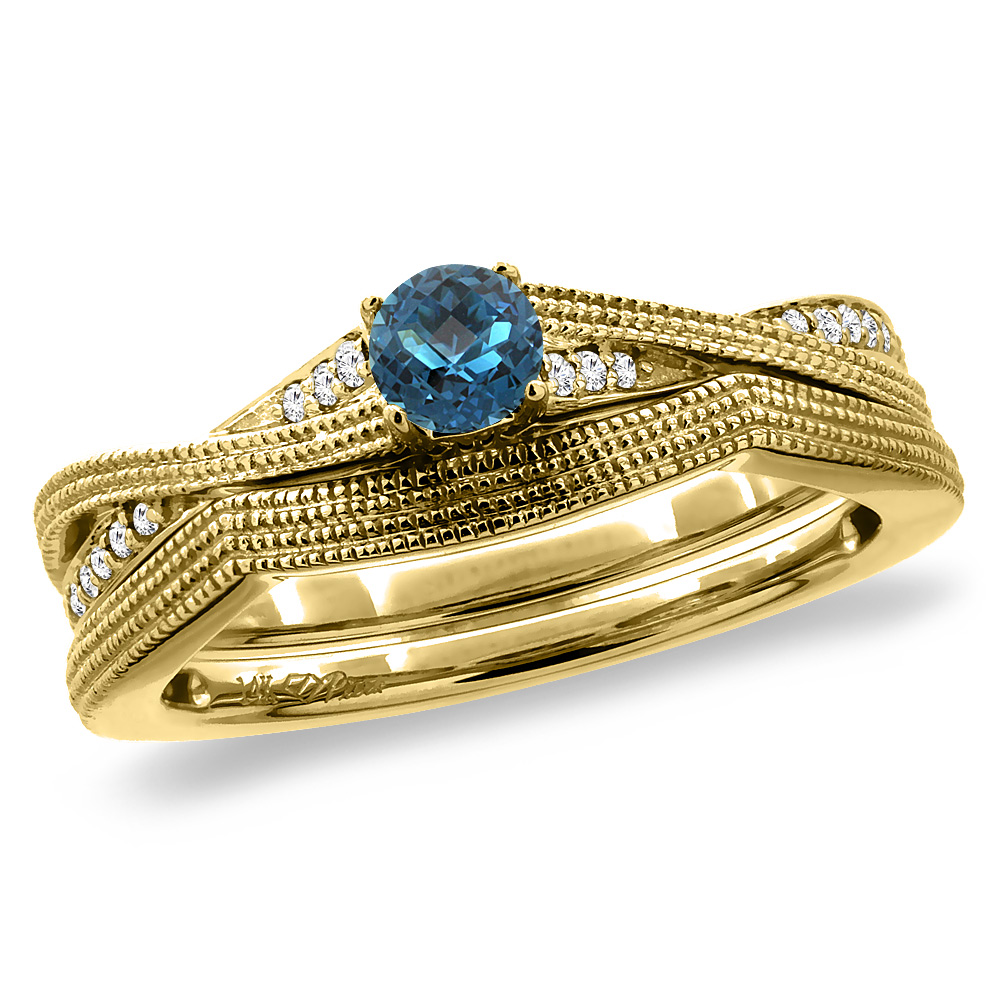 14K Yellow Gold Diamond Natural London BlueTopaz 2pc Engagement Ring Set Round 4 mm, sizes 5 - 10