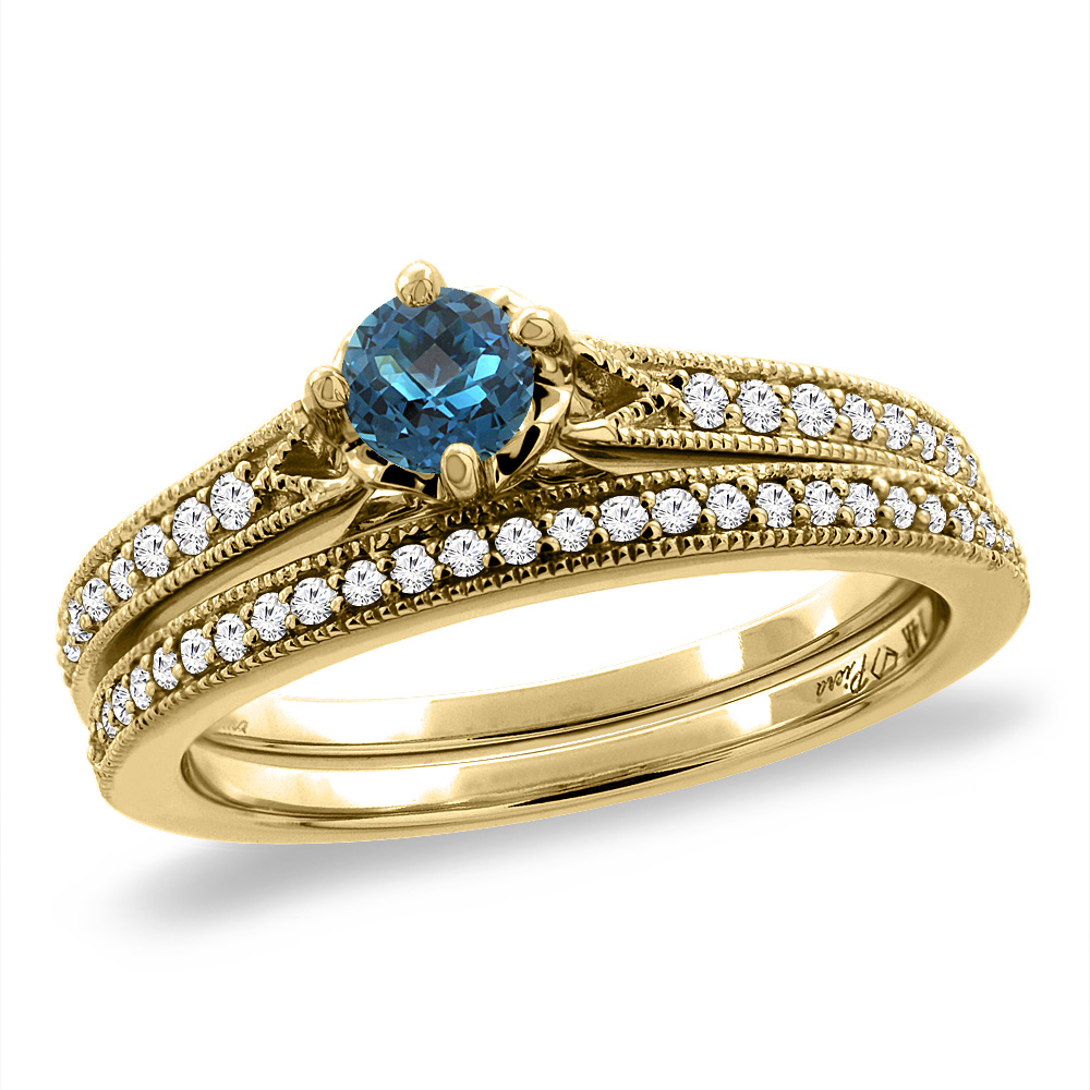 14K Yellow Gold Diamond Natural London BlueTopaz 2pc Engagement Ring Set Round 4 mm, sizes 5 - 10