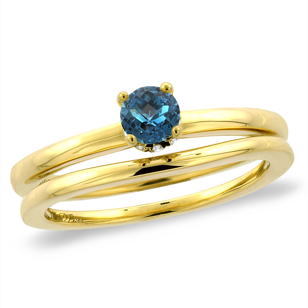 14K Yellow Gold Diamond Natural London BlueTopaz 2pc Solitaire Engagement RingSet Round 4mm,size5-10