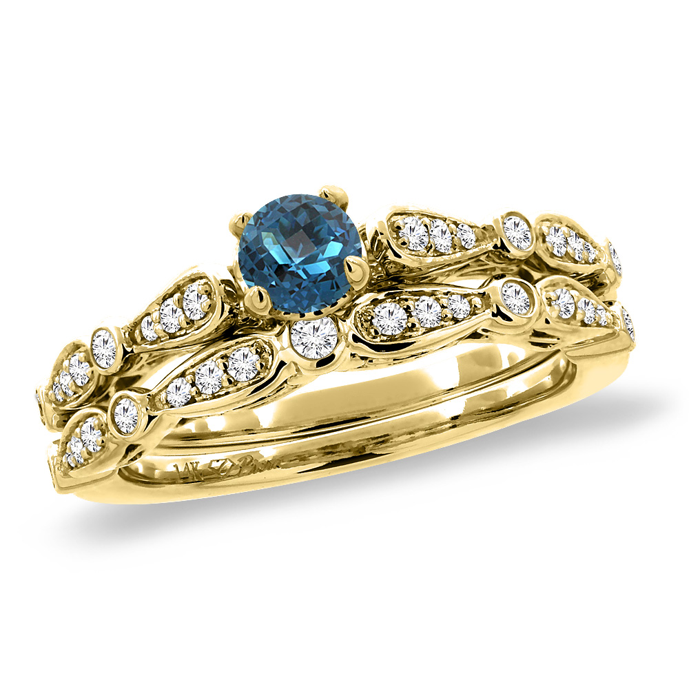 14K Yellow Gold Diamond Natural London BlueTopaz 2pc Engagement Ring Set Round 4mm, size5-10