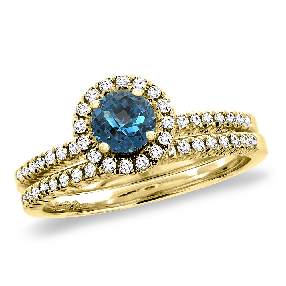 14K Yellow Gold Diamond Natural London BlueTopaz 2pc Halo Engagement Ring Set Round 4mm, size5-10