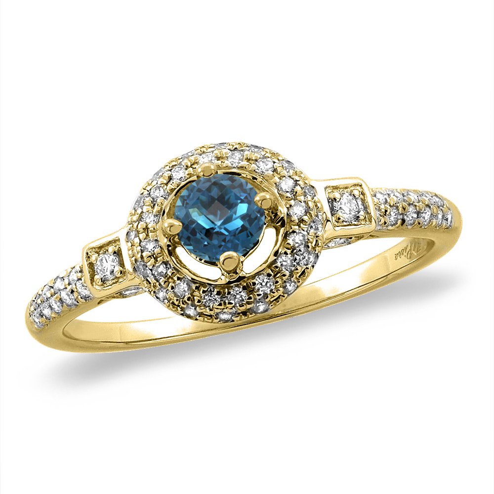 14K White/Yellow Gold Diamond Natural London Blue Topaz Halo Engagement Ring Round 4 mm,size 5 -10