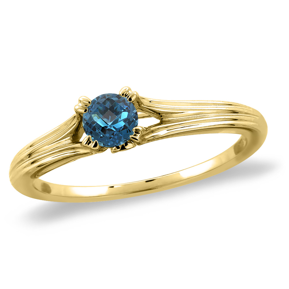 14K Yellow Gold Diamond Natural London Blue Topaz Solitaire Engagement Ring Round 4 mm, sizes 5 -10