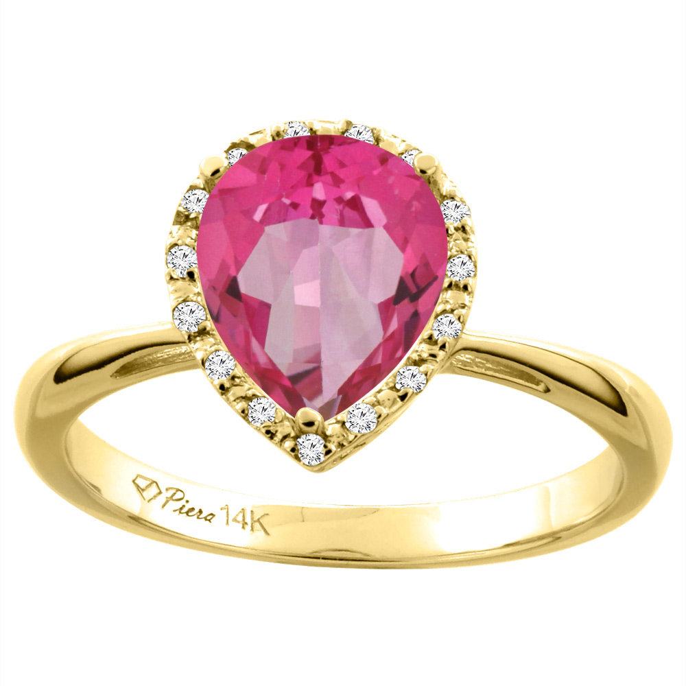 14K Yellow Gold Natural Pink Topaz & Diamond Halo Engagement Ring Pear Shape 9x7 mm, sizes 5-10