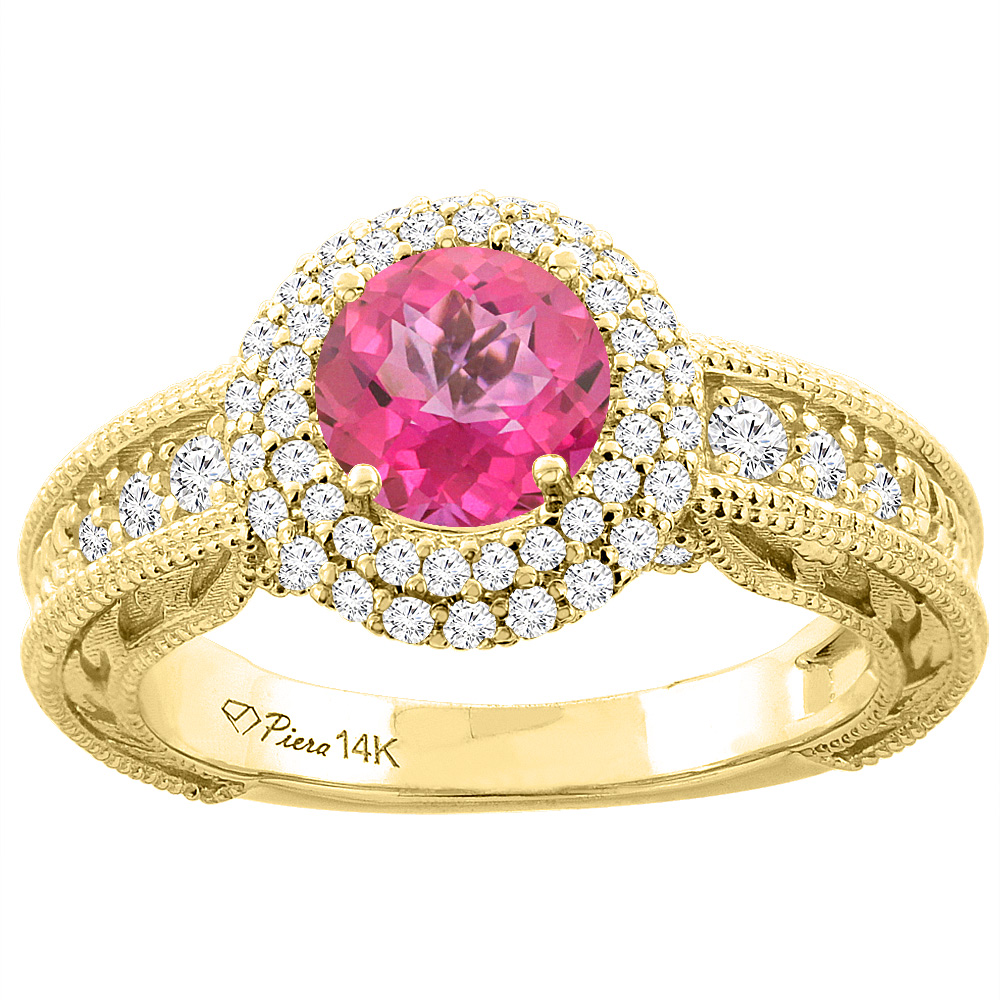 14K Yellow Gold Natural Pink Topaz & Diamond Halo Ring Round 6 mm, sizes 5-10