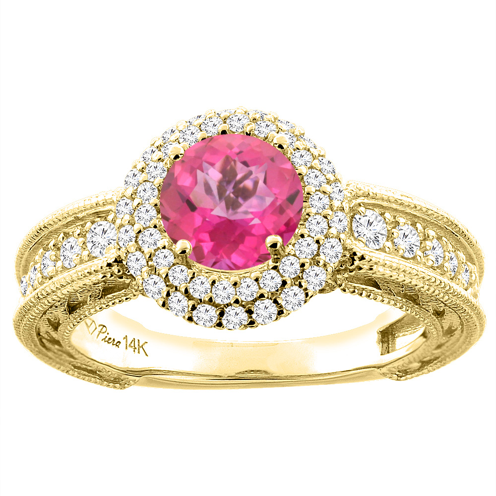 14K Yellow Gold Natural Pink Topaz & Diamond Halo Ring Round 6 mm, sizes 5-10