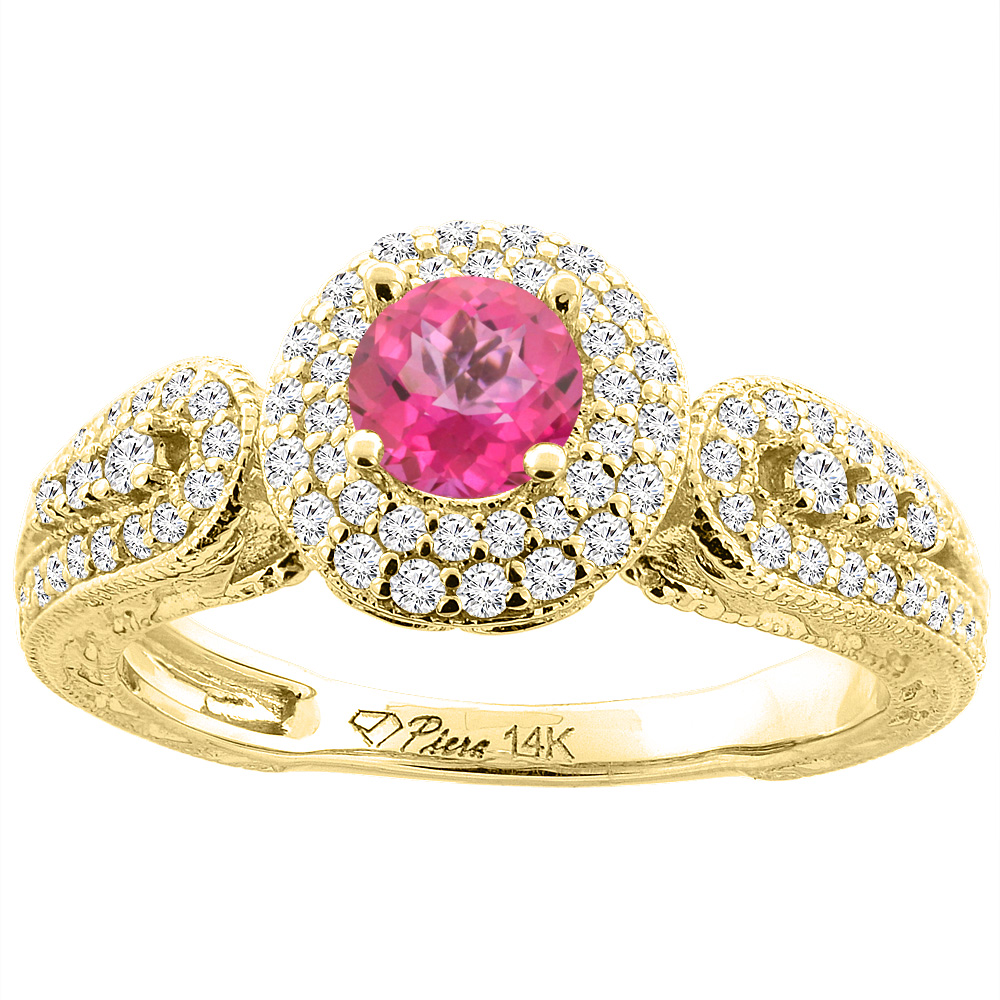 14K Yellow Gold Natural Pink Topaz & Diamond Halo Ring Round 5 mm, sizes 5-10