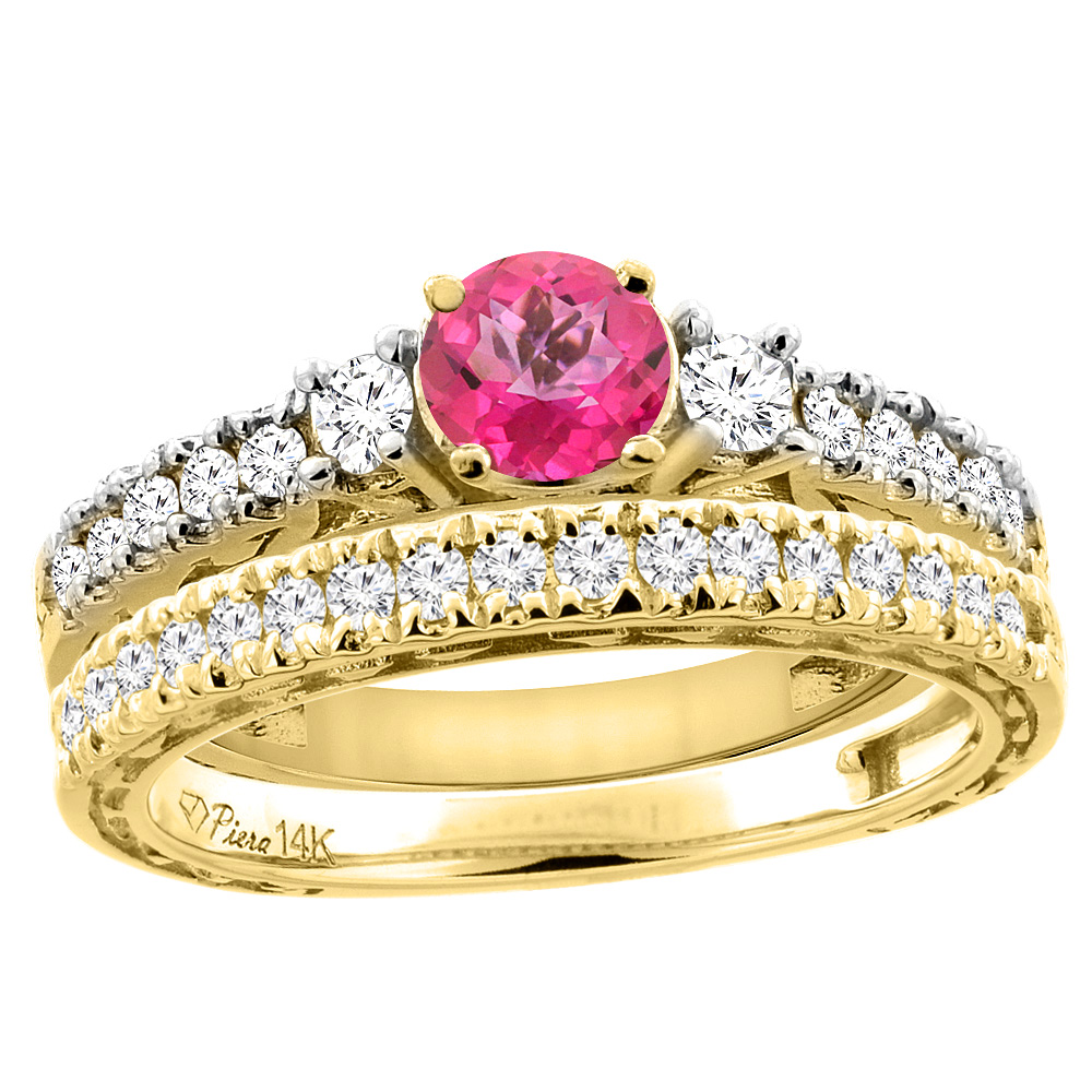 14K Yellow Gold Diamond Natural Pink Topaz Engagement 2-pc Ring Set Engraved Round 6 mm, sizes 5 - 10