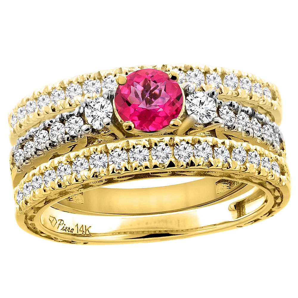 14K Yellow Gold Diamond Natural Pink Topaz Engagement 3-pc Ring Set Engraved Round 6 mm, sizes 5 - 10