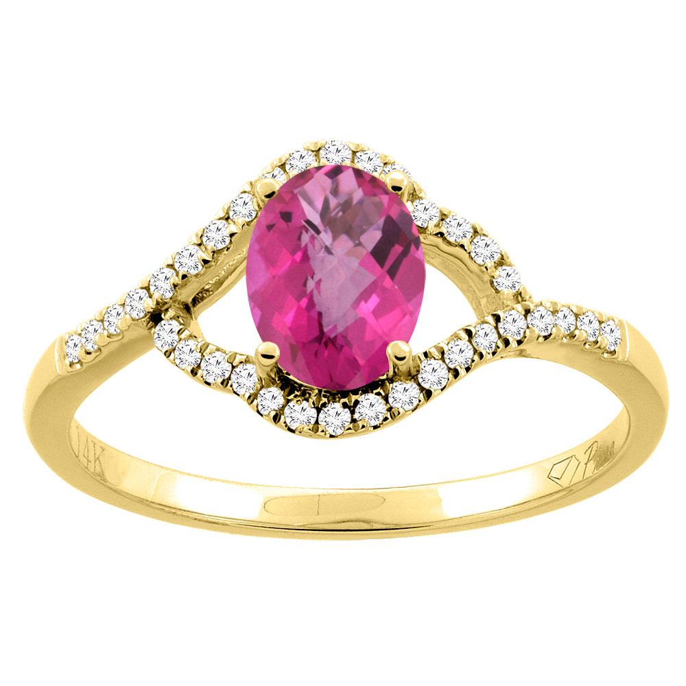 14K Gold Diamond Natural Pink Topaz Engagement Ring Oval 7x5 mm, sizes 5 - 10