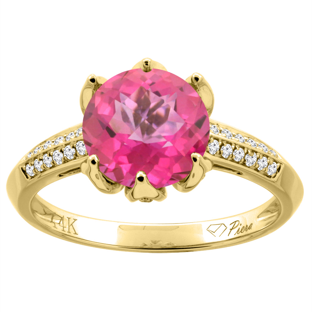 14K Gold Natural Pink Topaz Ring Round 8 mm Diamond Accents, sizes 5 - 10