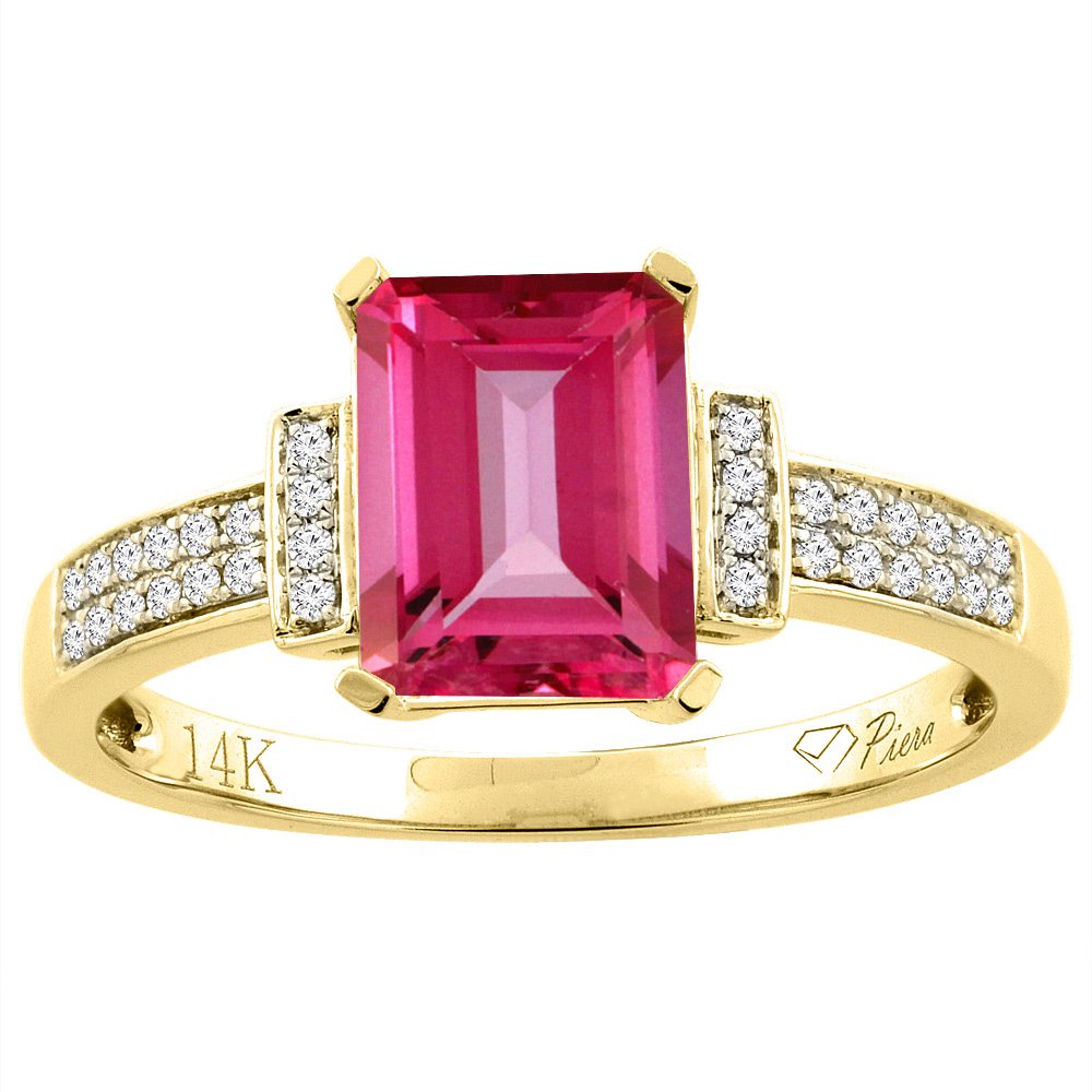 14K Gold Natural Pink Topaz Ring Octagon 8x6 mm Diamond Accents, sizes 5 - 10