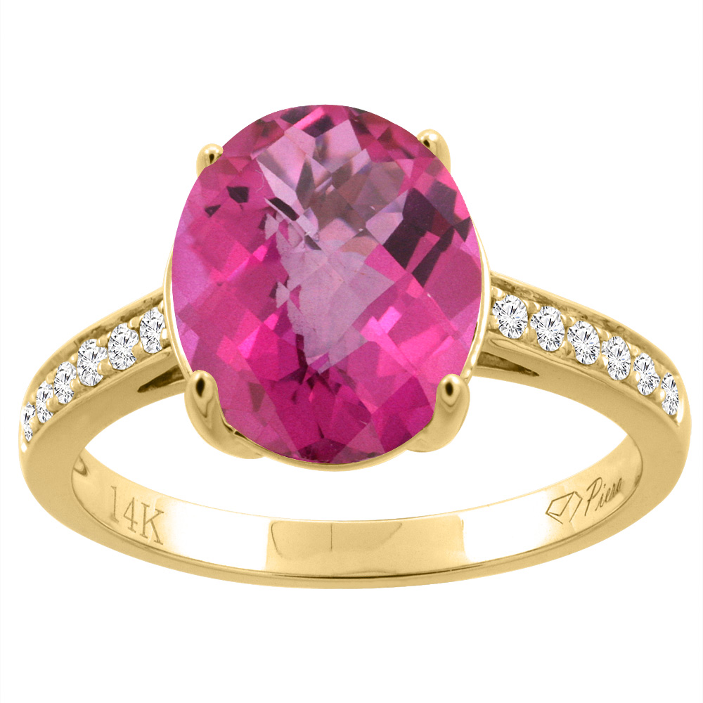 14K Gold Natural Pink Topaz Ring Oval 11x9 mm Diamond Accents, sizes 5 - 10