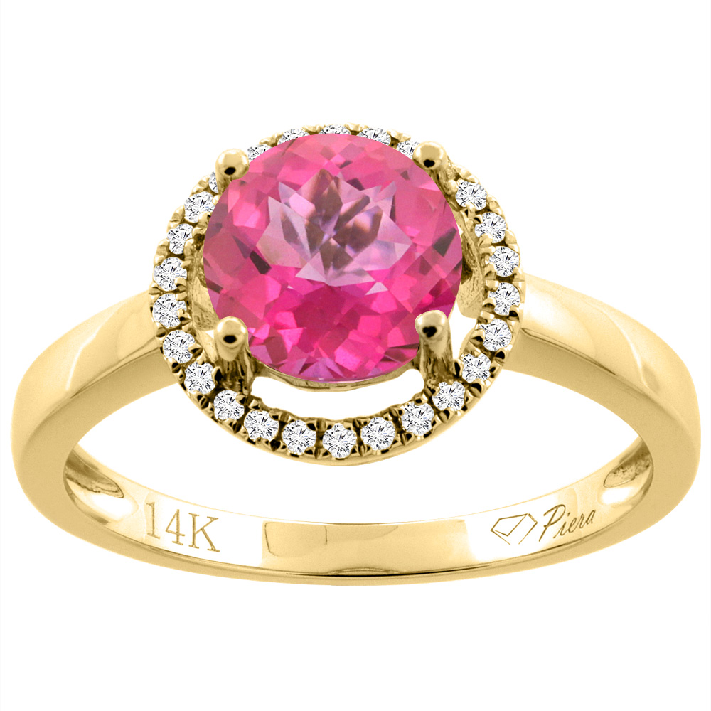 14K Gold Natural Pink Topaz Ring Round 7 mm Diamond Accents, sizes 5 - 10