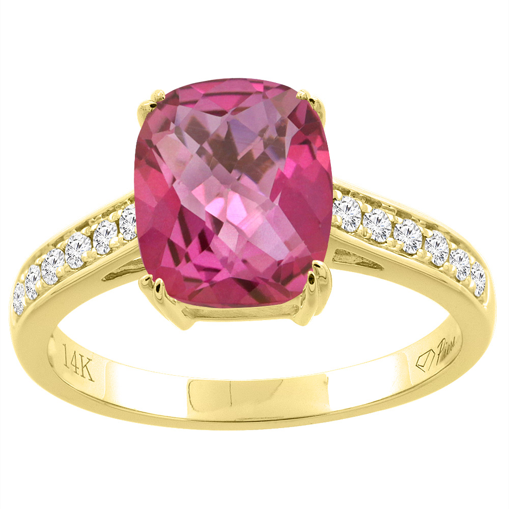 14K Gold Natural Pink Topaz Ring Cushion Cut 9x7 mm Diamond Accents, sizes 5 - 10
