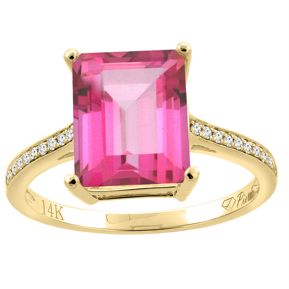 14K Gold Natural Pink Topaz Ring Octagon 10x8 mm Diamond Accents, sizes 5 - 10