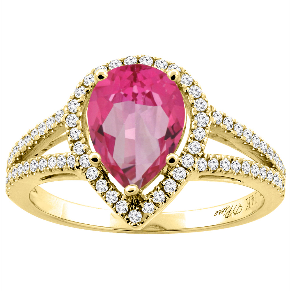 14K Gold Natural Pink Topaz Ring Pear Shape 9x7 mm Diamond Accents, sizes 5 - 10