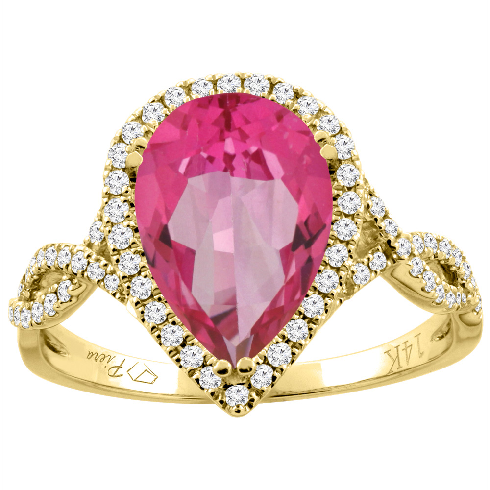14K Gold Natural Pink Topaz Ring Pear Shape 12x8 mm Diamond Accents, sizes 5 - 10