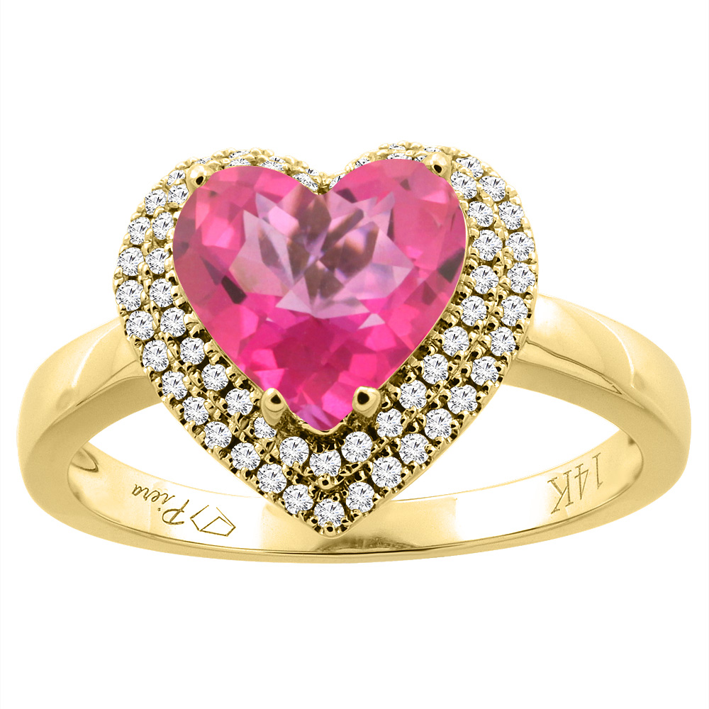 14K Gold Natural Pink Topaz Ring Heart Shape 8 mm Diamond Accents, sizes 5 - 10
