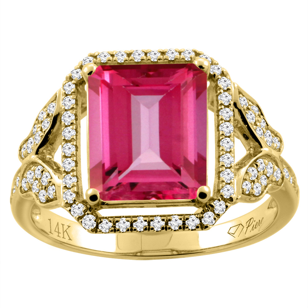 14K Gold Natural Pink Topaz Ring Octagon Shape 10x8 mm Diamond Accents, sizes 5 - 10