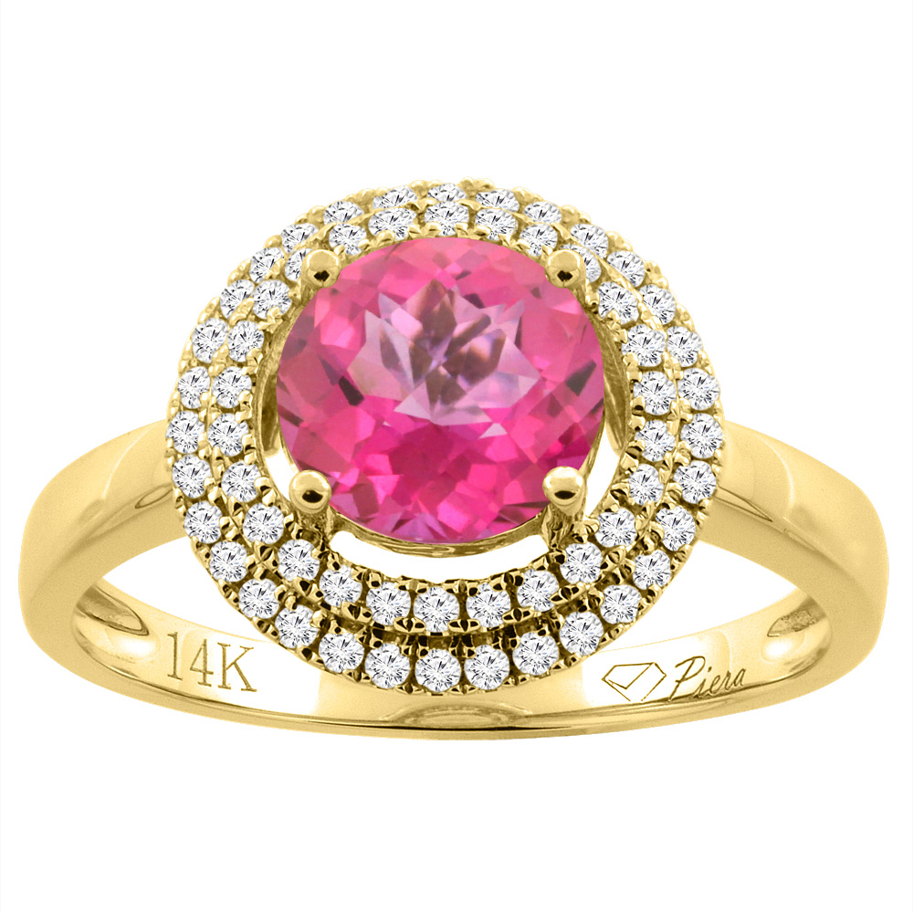 14K Gold Natural Pink Topaz Ring Round 7 mm Double Halo Diamond Accents, sizes 5 - 10