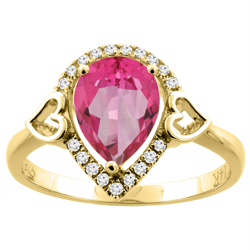 14K Gold Natural Pink Topaz Ring Pear Shape 9x7 mm Diamond Accents, sizes 5 - 10