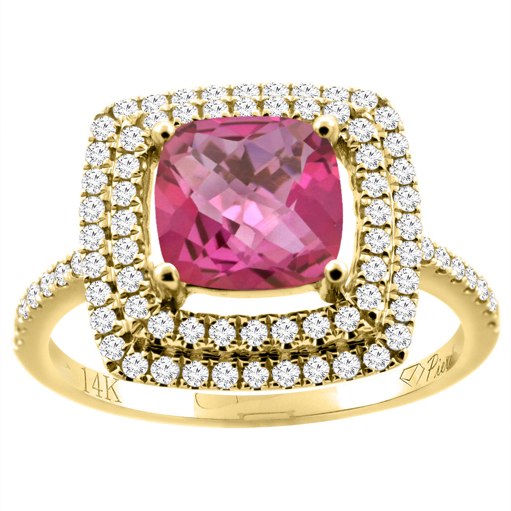 14K Gold Natural Pink Topaz Ring Cushion Cut 7x7 mm Double Halo Diamond Accents, sizes 5 - 10
