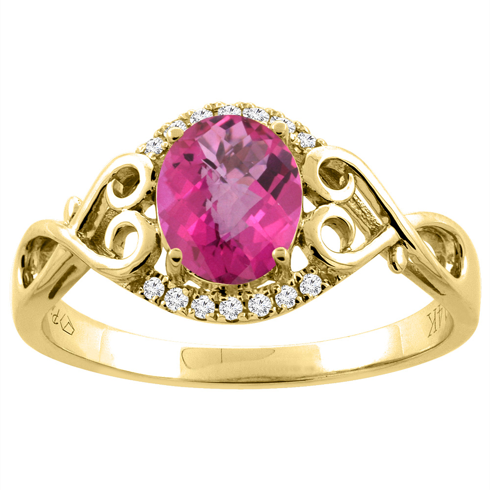 14K Gold Natural Pink Topaz Ring Oval 8x6 mm Diamond & Heart Accents, sizes 5 - 10