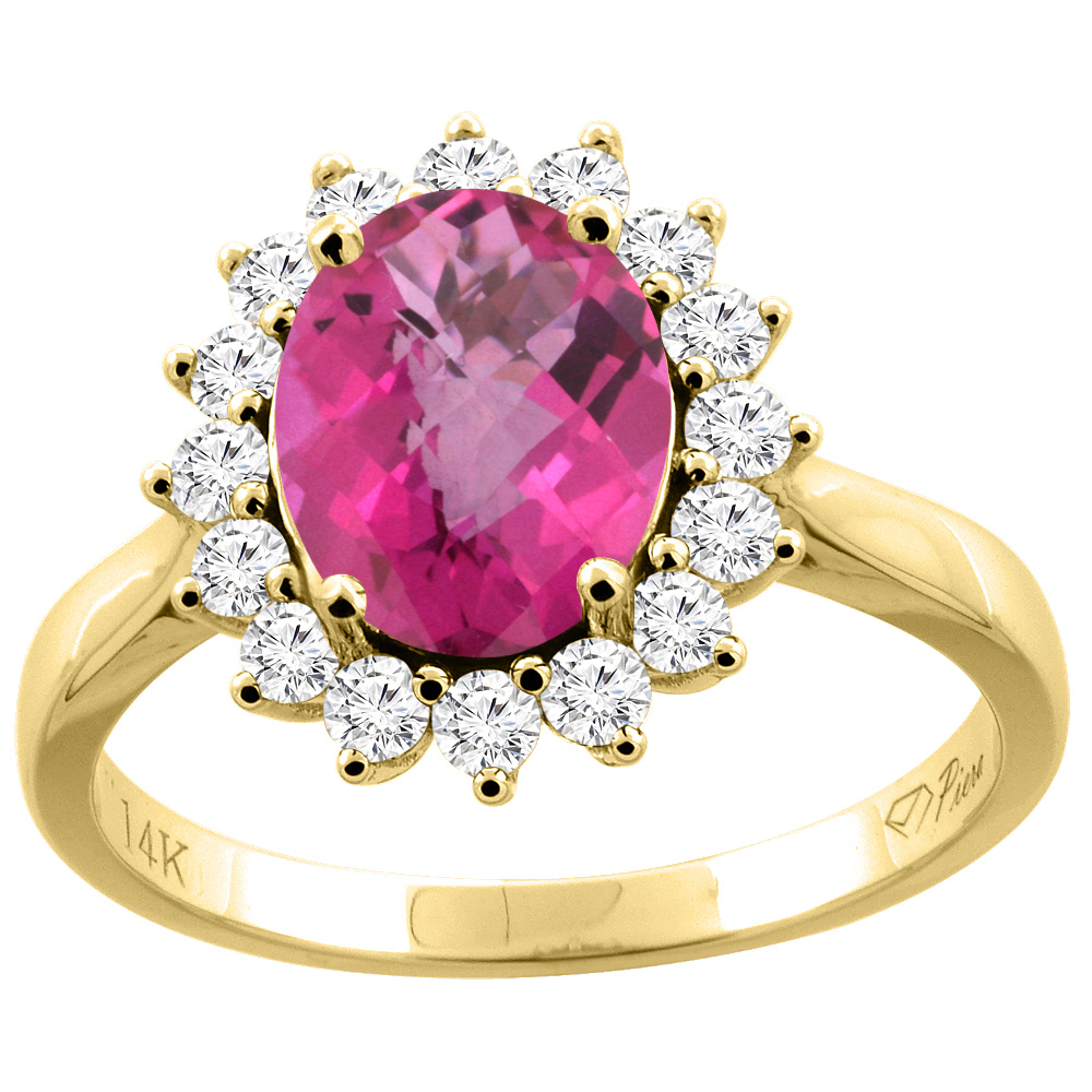 14K Gold Natural Pink Topaz Ring Oval 9x7 mm Diamond Accents, sizes 5 - 10