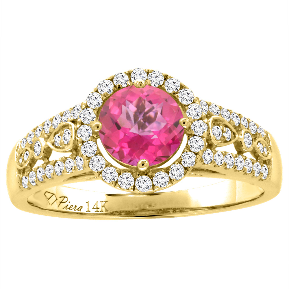 14K Yellow Gold Diamond Natural Pink Topaz Engagement Halo Ring Round 7 mm, sizes 5-10