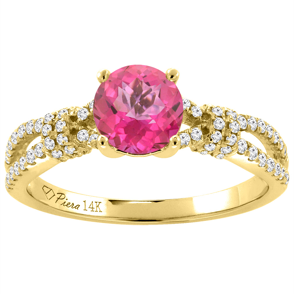 14K Yellow Gold Diamond Natural Pink Topaz Engagement Ring Round 7 mm, sizes 5-10