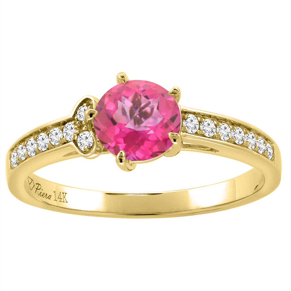 14K Yellow Gold Diamond Natural Pink Topaz Engagement Ring Round 7 mm, sizes 5-10