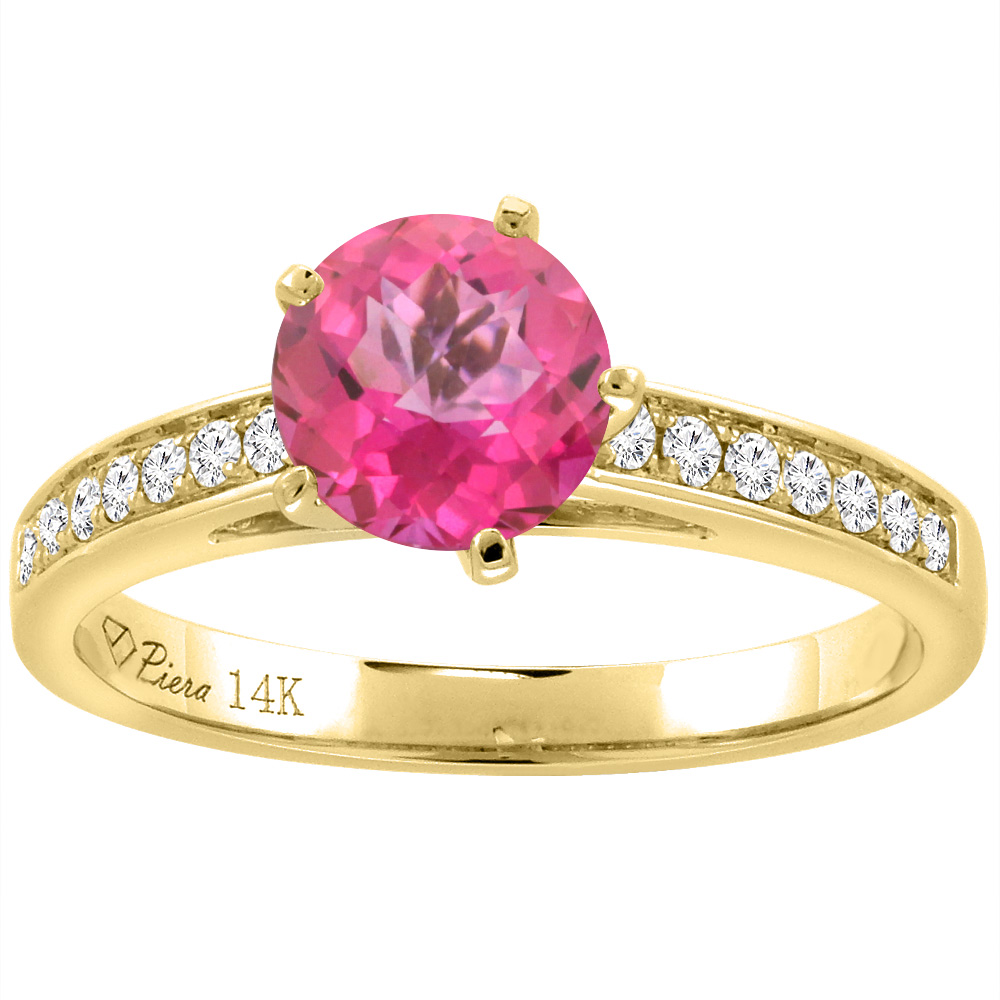 14K Yellow Gold Diamond Natural Pink Topaz Engagement Ring Round 7 mm, sizes 5-10