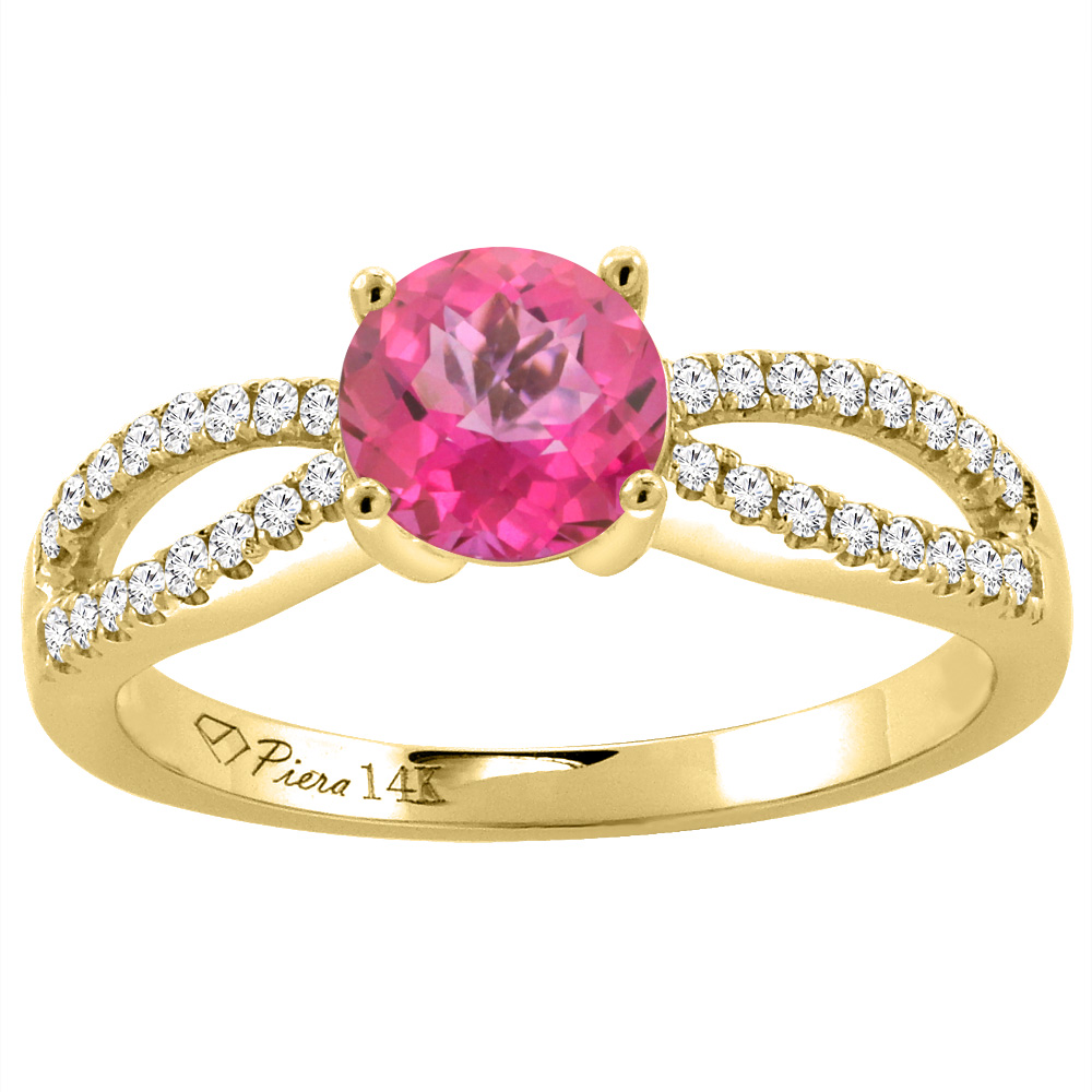 14K Yellow Gold Diamond Natural Pink Topaz Engagement Ring Round 7 mm, sizes 5-10