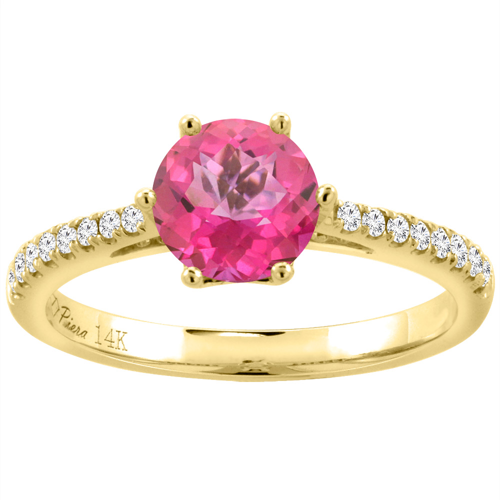 14K Yellow Gold Diamond Natural Pink Topaz Engagement Ring Round 7 mm, sizes 5-10