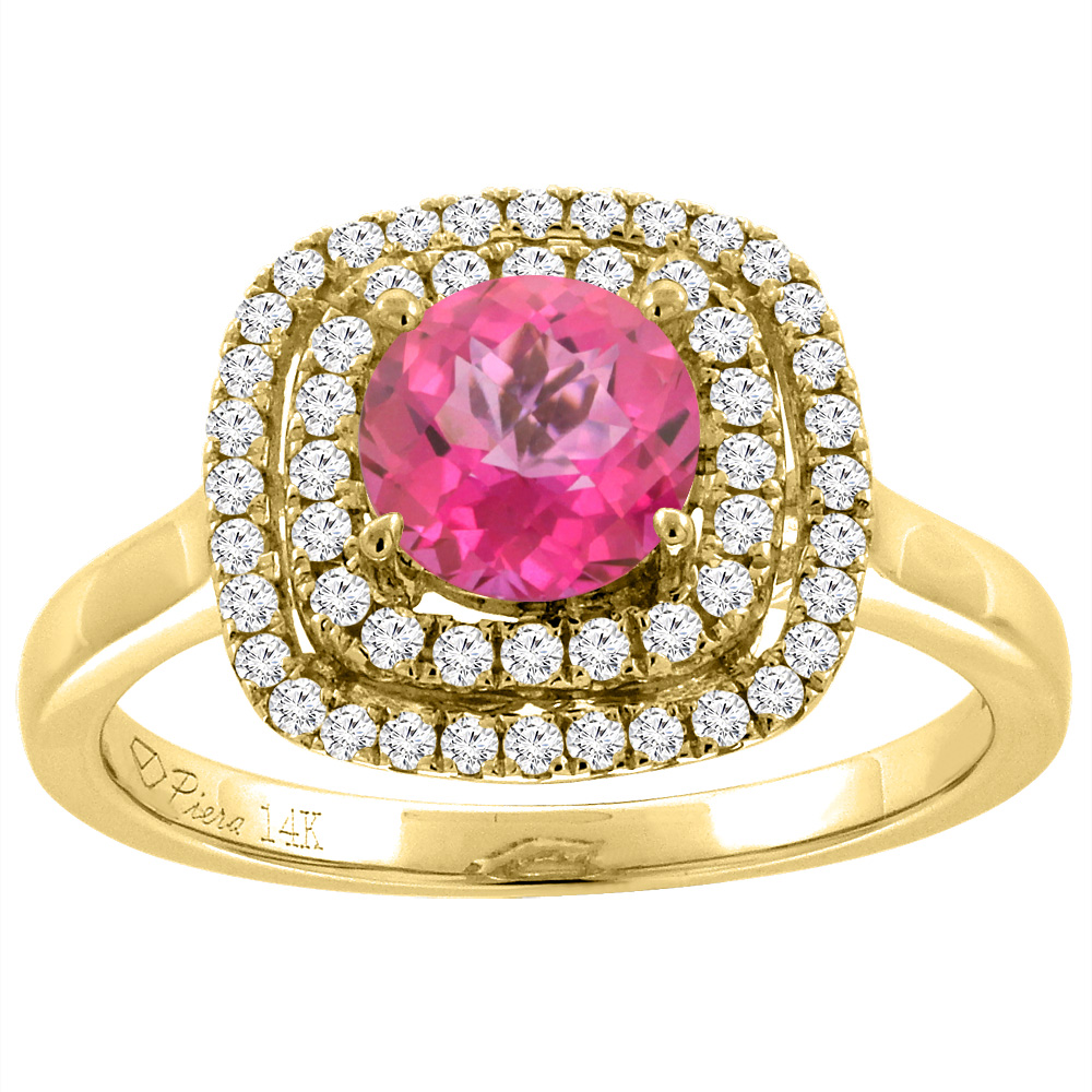 14K Yellow Gold Natural Pink Topaz Double Halo Diamond Engagement Ring Round 7 mm, sizes 5-10