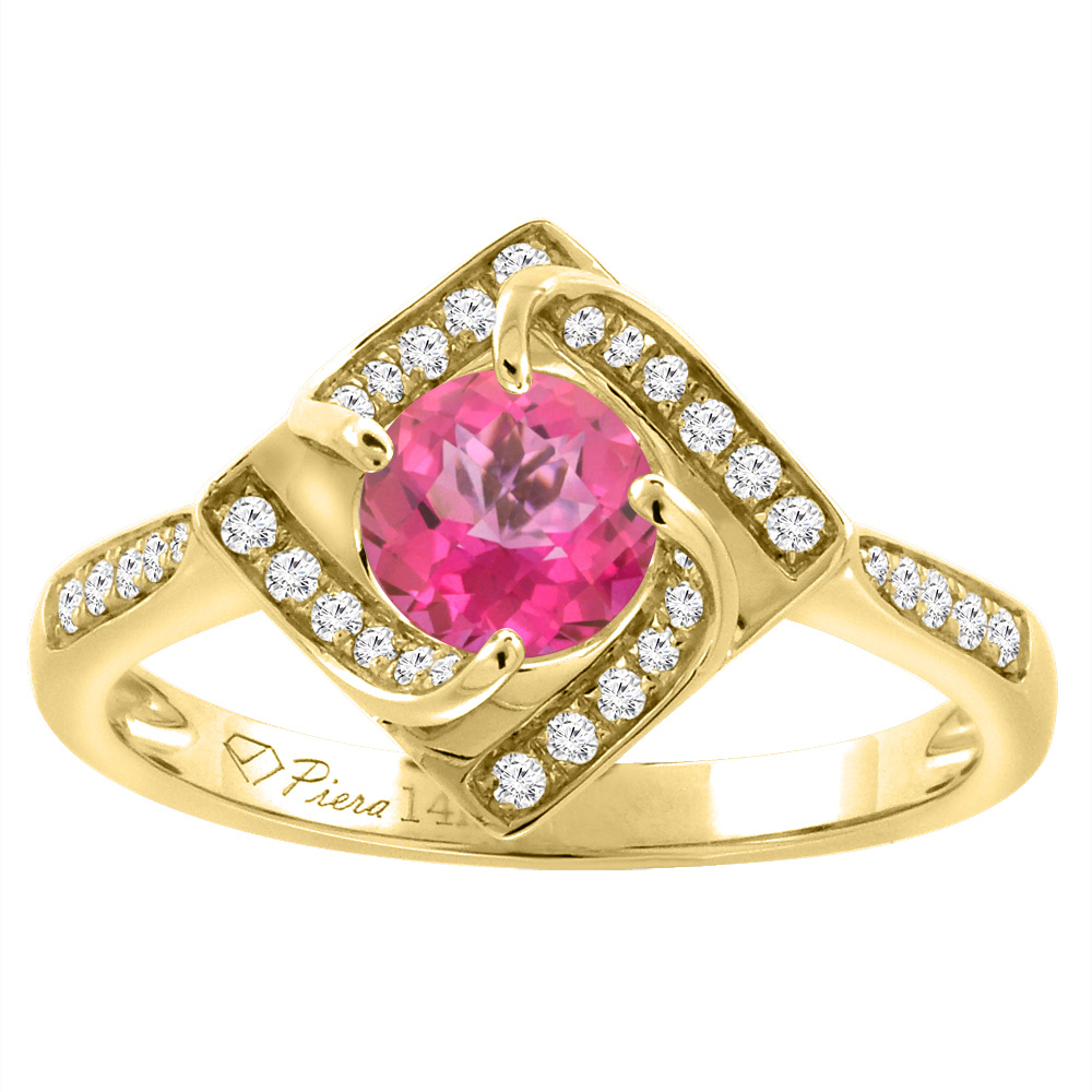 14K Yellow Gold Diamond Natural Pink Topaz Engagement Ring Round 7 mm, sizes 5-10