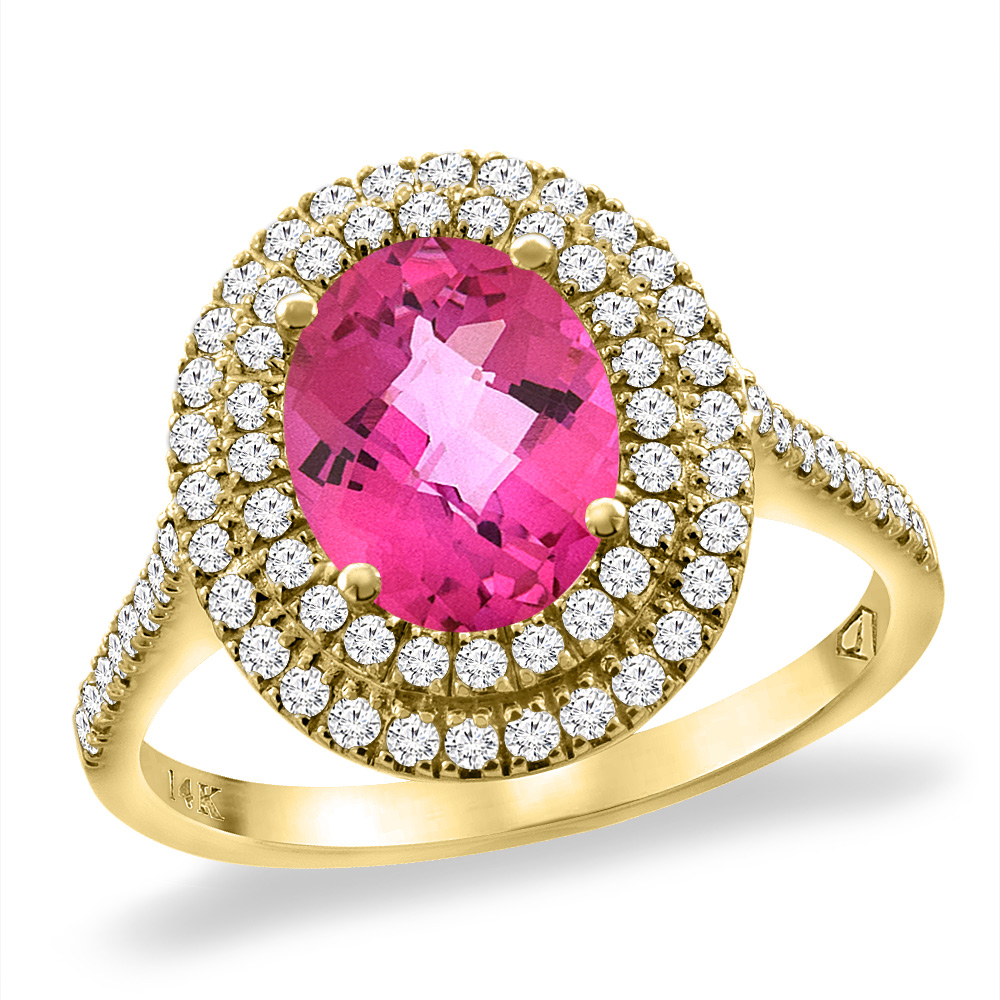 14K Yellow Gold Natural Pink Topaz Two Halo Diamond Engagement Ring 9x7 mm Oval, sizes 5 -10