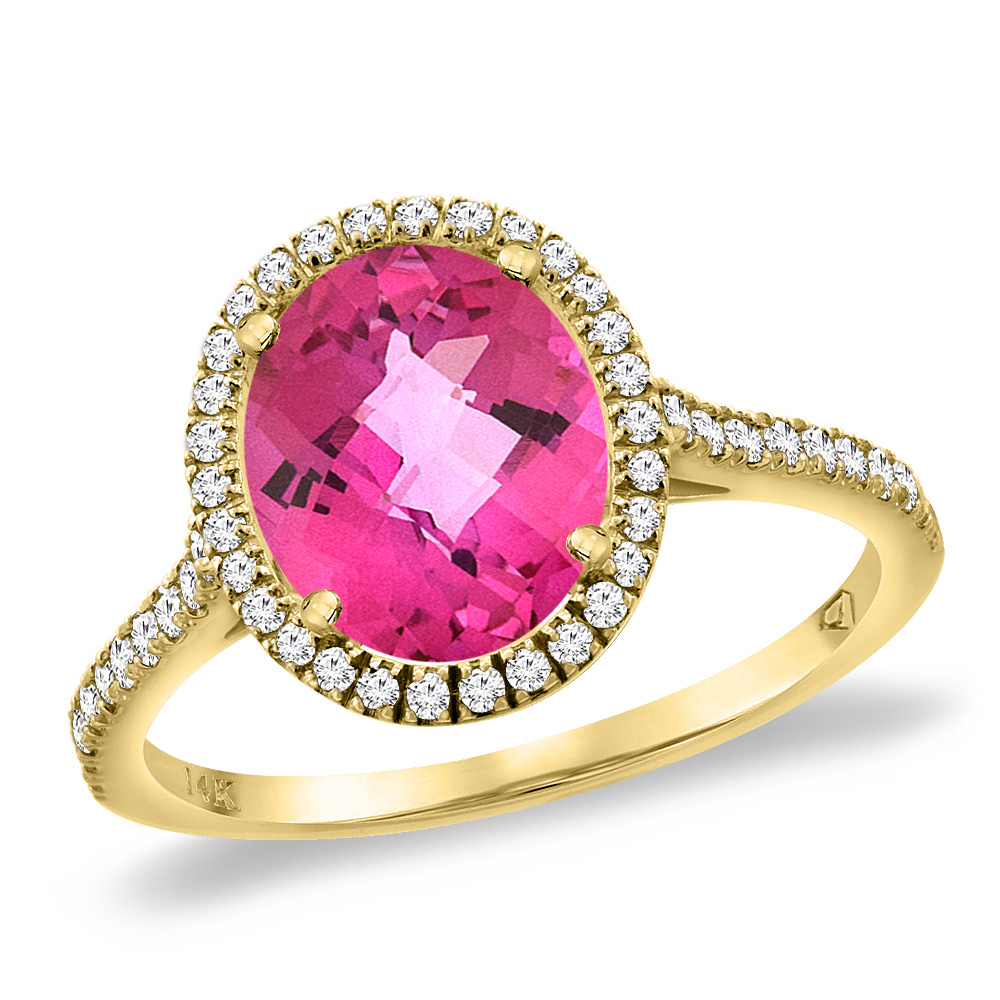 14K Yellow Gold Natural Pink Topaz Diamond Halo Engagement Ring 10x8 mm Oval, sizes 5 -10