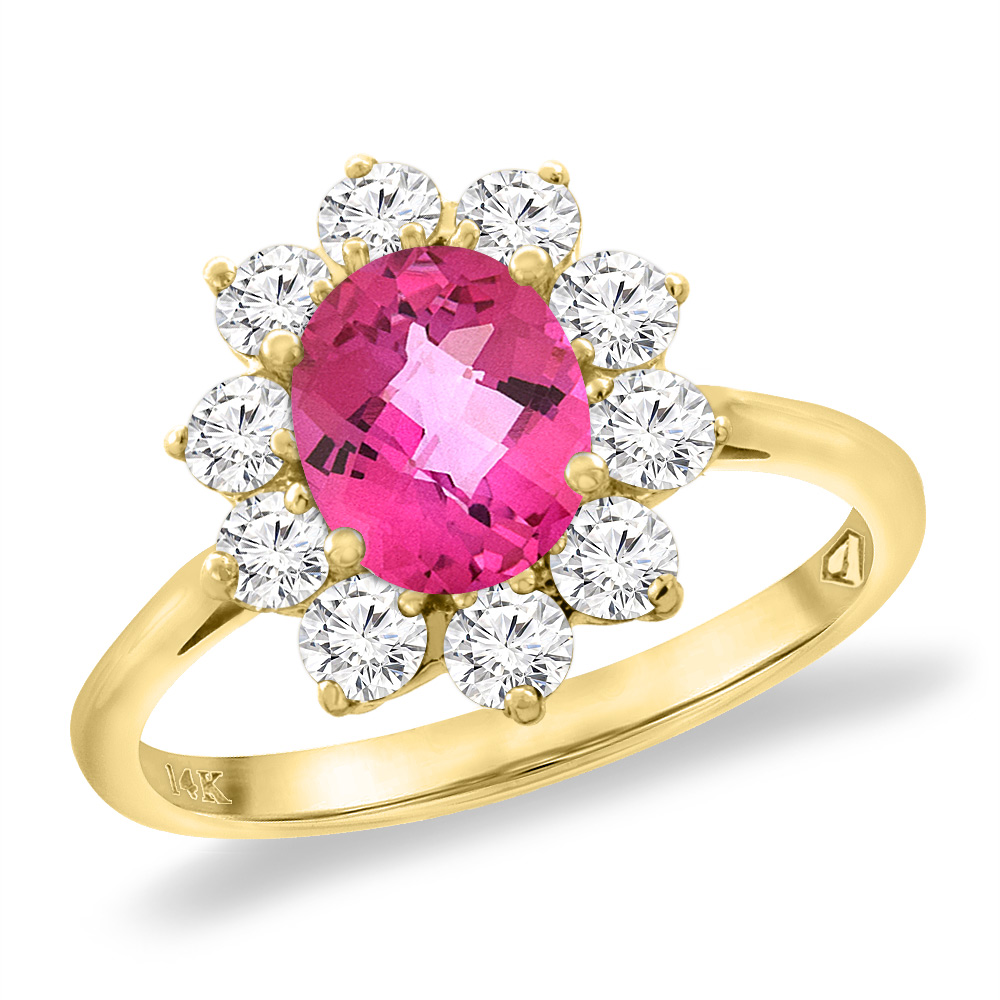14K Yellow Gold Diamond Natural Pink Topaz Engagement Ring Oval 8x6 mm, sizes 5 -10