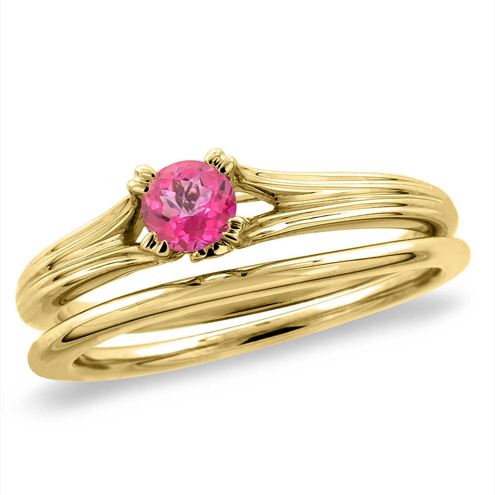 14K Yellow Gold Diamond Natural Pink Topaz 2pc Solitaire Engagement Ring Set Round 6 mm, sizes 5-10