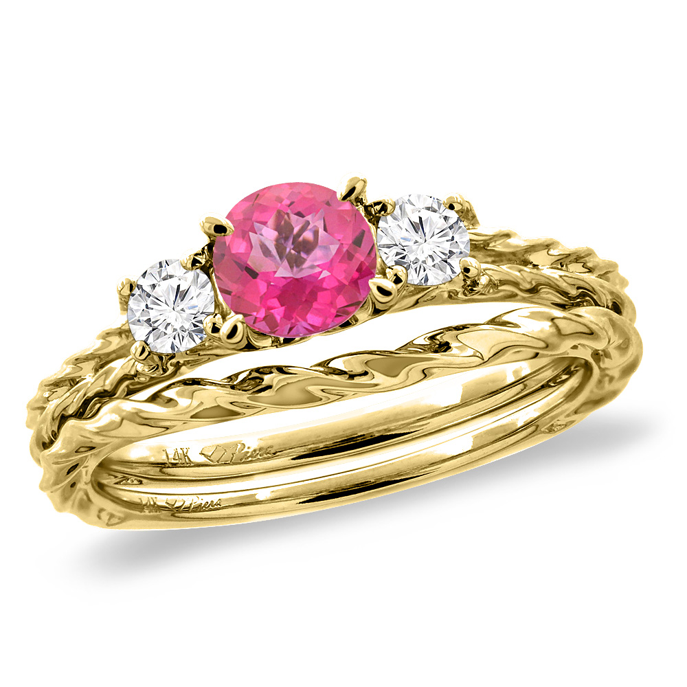 14K Yellow Gold Diamond Natural Pink Topaz 2pc Engagement Ring Set Round 6mm Twisted, sizes 5-10