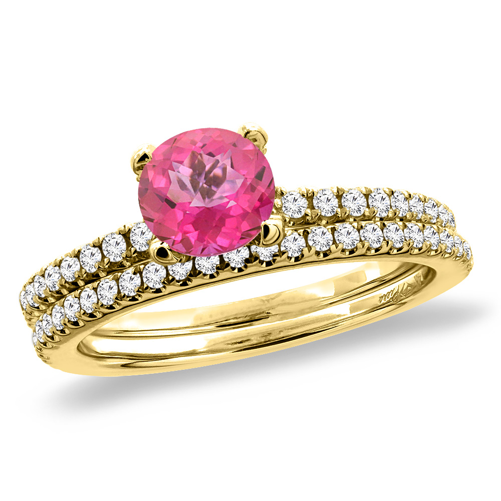 14K Yellow Gold Diamond Natural Pink Topaz 2pc Engagement Ring Set Round 5 mm, sizes 5-10