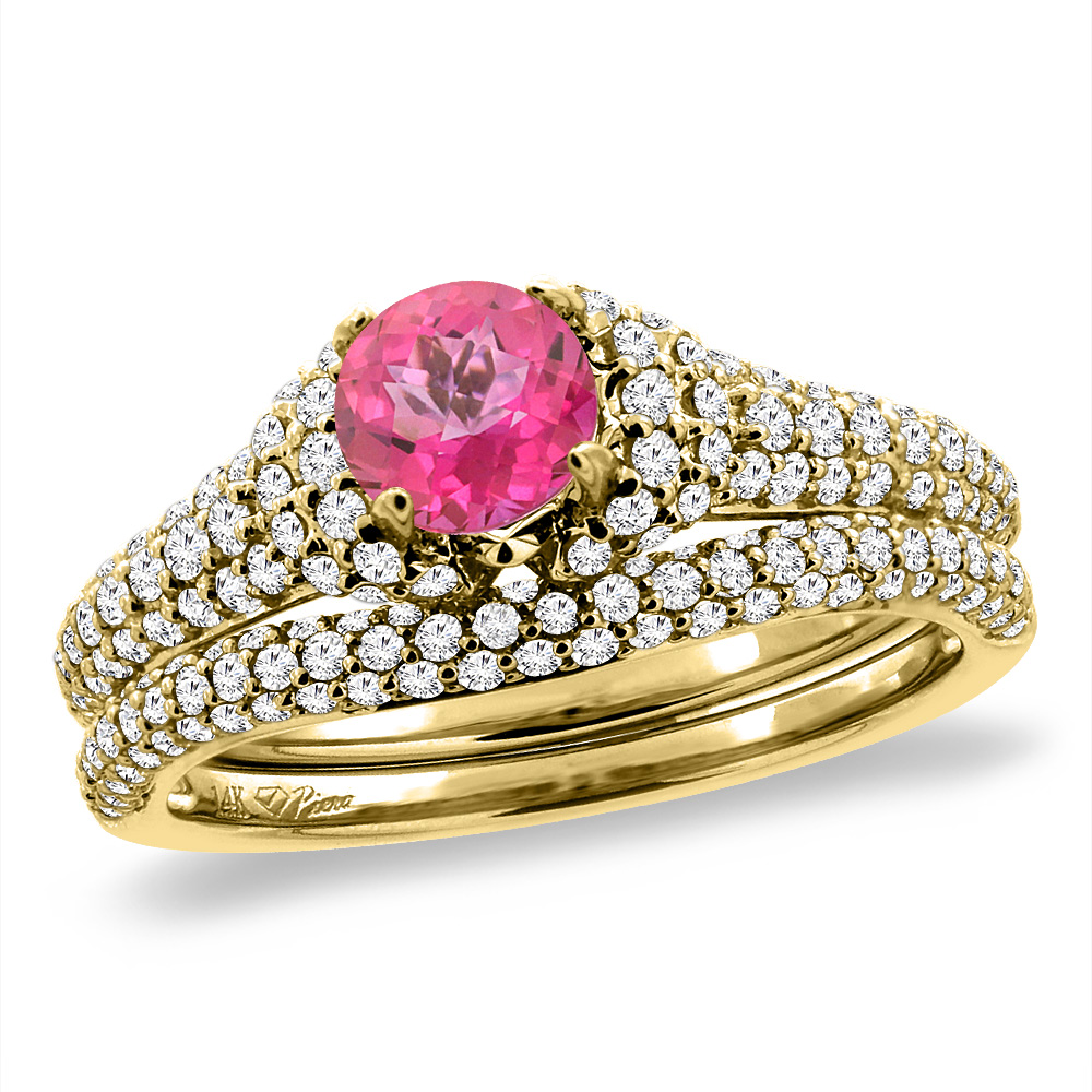 14K Yellow Gold Diamond Natural Pink Topaz 2pc Engagement Ring Set Round 5 mm, sizes 5-10