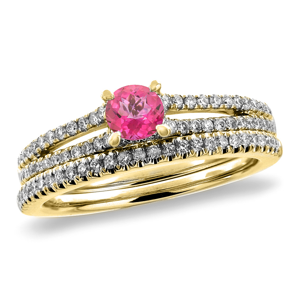 14K Yellow Gold Diamond Natural Pink Topaz 2pc Engagement Ring Set Round 5 mm, sizes 5-10