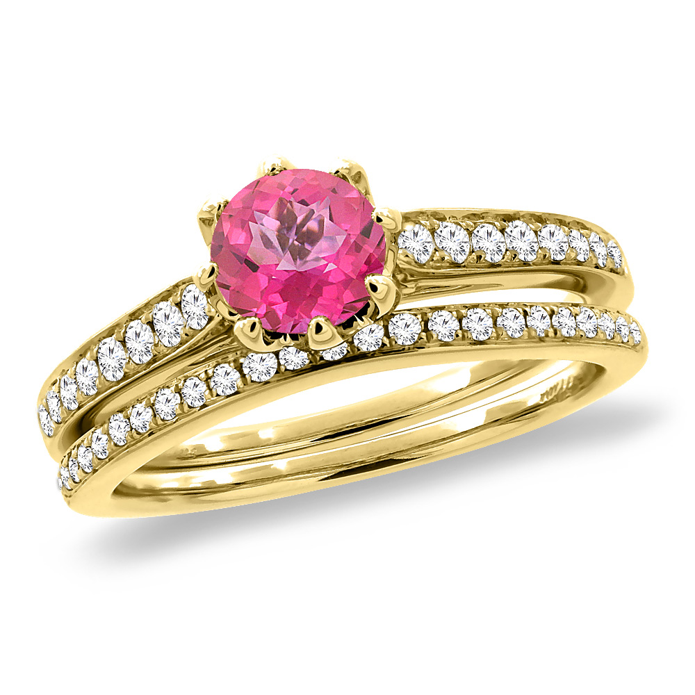 14K Yellow Gold Diamond Natural Pink Topaz 2pc Engagement Ring Set Round 5 mm, sizes 5-10