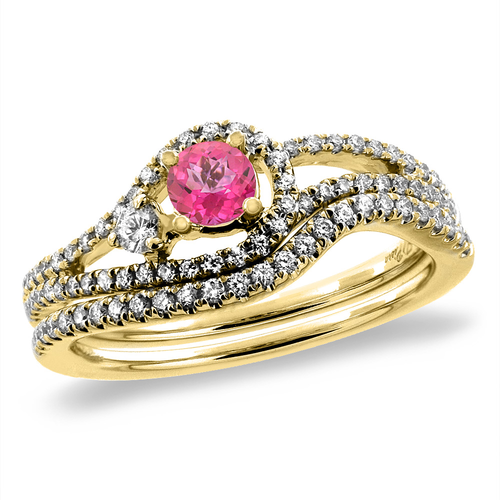14K Yellow Gold Diamond Natural Pink Topaz 2pc Engagement Ring Set Round 5 mm, sizes 5-10